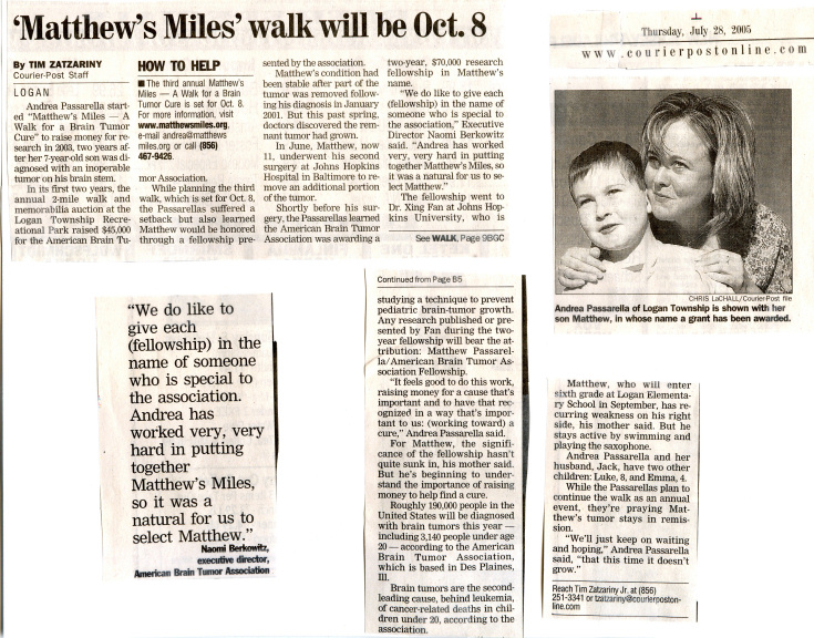 Courier Post Article - July 28, 2005 - About Matthew's Miles and the Fellowship named in Matthew's Honor
